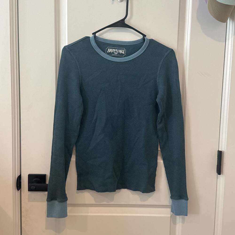American Eagle Outfitters Waffle Thermal Long Sleeve Shirt Blue